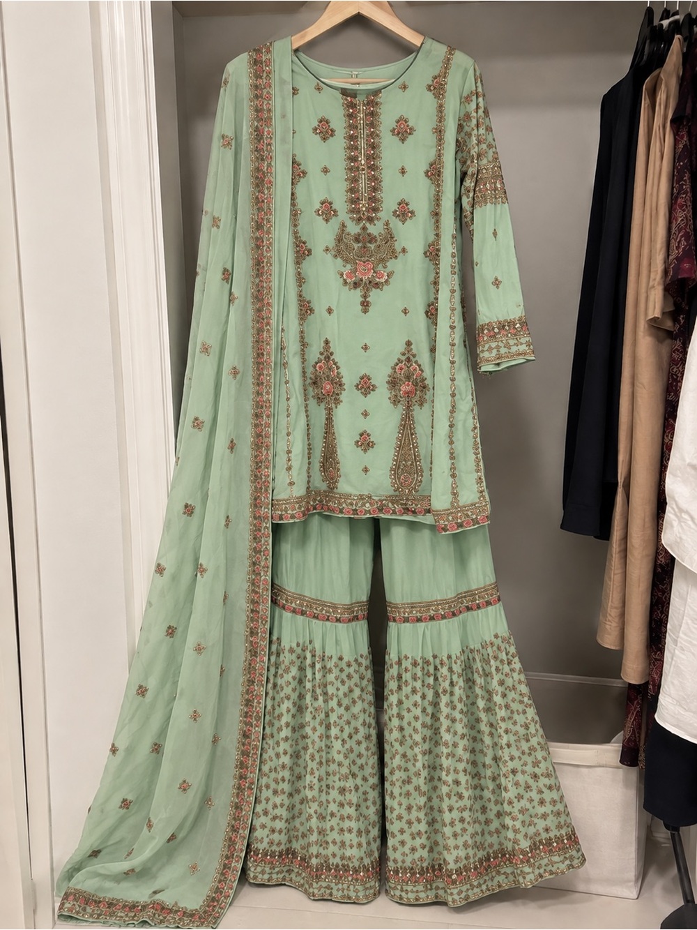 Women Mint Green Embroidered wedding Dress Set